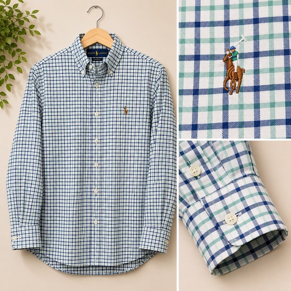Ralph Lauren Other - Ralph Lauren Men's Long Sleeve Button Down Shirt XXL Green Blue Plaid Flesh Pony